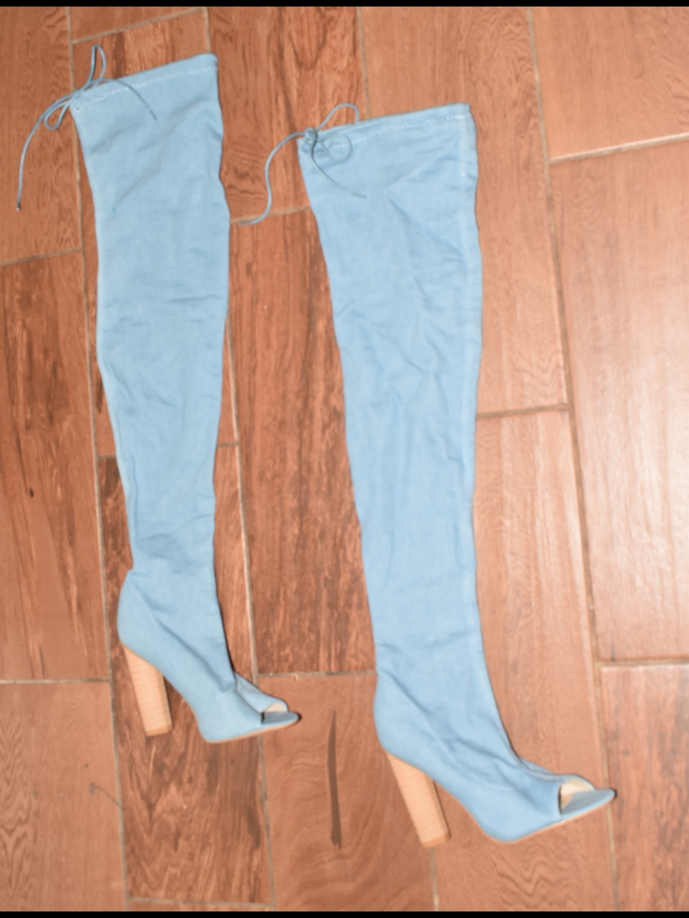 Fashion Nova Light Blue Over-the-Knee Peep-Toe Block Heel Boots